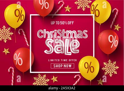 Vendita di Natale a palloncino banner vettore sfondo. Vendita di natale il testo in cornice con elementi colorati di palloncini, candy cane, fiocchi di neve e stelle. Illustrazione Vettoriale