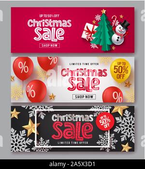 Natale Vendita banner vettore set. Vendita di natale il testo con il natale elementi di dono, pupazzo di neve, albero, candy cane, palloncini e fiocchi di neve e stelle in rosso. Illustrazione Vettoriale