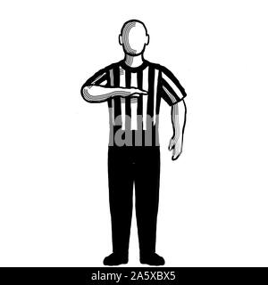 Bianco e nero illustrazione di un arbitro di basket o ufficiale con segnale di mano che mostra il conteggio visibile se visto dalla parte anteriore su sfondo isolato fatto Foto Stock