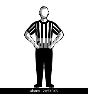 Bianco e nero illustrazione di un arbitro di basket o ufficiale con segnale di mano che mostra il blocco se visto dalla parte anteriore su sfondo isolato fatto retrò Foto Stock