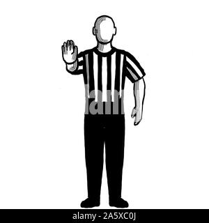 Bianco e nero illustrazione di un arbitro di basket o ufficiale con segnale di mano mostra segnale direzionale viste dalla parte anteriore su sfondo isolato Foto Stock