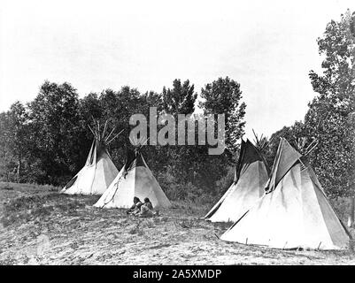 Edward S. Curtis nativi indiani americani - un accampamento Assiniboin contenente quattro tepees con gli Indiani seduti a terra ca. 1908 Foto Stock