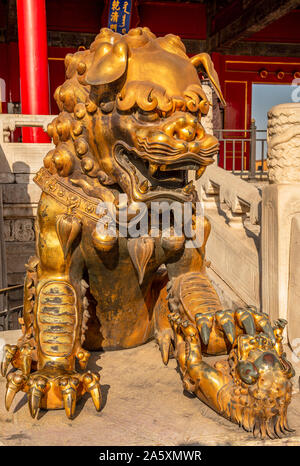 Golden custode cinese lion o shishi statua dalla dinastia Ming era, all'ingresso del palazzo della Città Proibita di Pechino, Cina Foto Stock