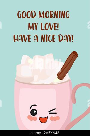 Merry Christmas greeting card. Carino kawaii tazze. Cioccolata calda e cappuccino. Illustrazione Vettoriale