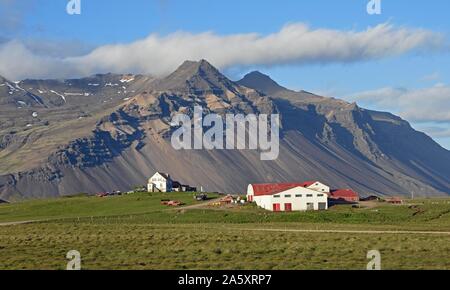 Azienda agricola e del paesaggio di montagna con eroso ghiaione nella luce della sera vicino a Hofn, Est Islanda Islanda Foto Stock