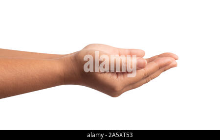 Aprire il palmo delle mani a entreat qualcosa. La mano umana isolata su uno sfondo bianco. A destra e a sinistra delle donne di tenere fuori. Foto Stock