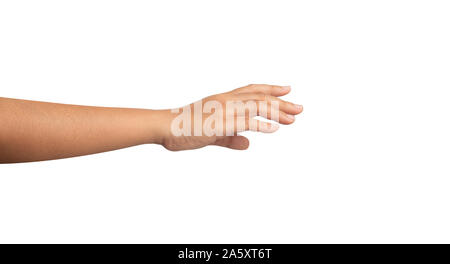 Chiudere la mano destra di donne picking qualcosa di isolato su uno sfondo bianco. Foto Stock