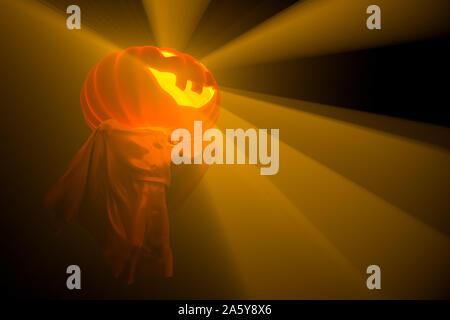 Volo fantasma bianco con testa di zucca e ragazzo figura coperto con un foglio di copertura su sfondo nero. Halloween 3d illustrazione Foto Stock