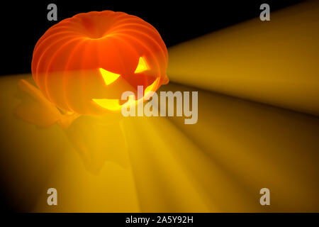 Volo fantasma bianco con testa di zucca e ragazzo figura coperto con un foglio di copertura su sfondo nero. Halloween 3d illustrazione Foto Stock