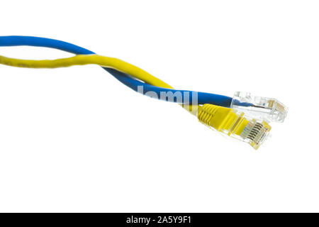 Cavo di rete con connettori RJ45 isolare su sfondo bianco Foto Stock