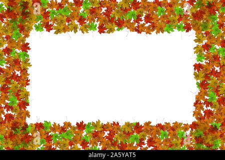 Telaio di autunno con colorati marple foglie su sfondo bianco con copia spazio. Appartamento laico, vista dall'alto. Foto Stock