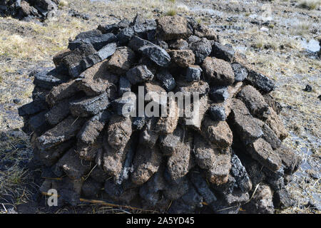 L'Irlanda Galway, 2018 - Bogland in Irlanda, con pile di turf essiccamento sotto il sole e utilizzati come fule in inverno. Foto Stock