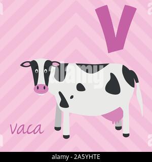 Cartoon carino zoo alfabeto illustrato con simpatici animali. Alfabeto spagnolo: V per Vaca. Imparare a leggere. Vettore isolato illustrazione. Illustrazione Vettoriale