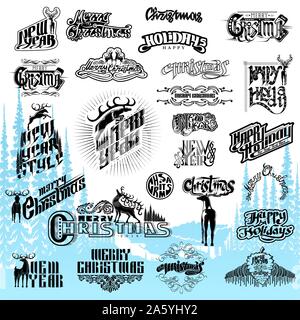 Grande set di Natale e Anno nuovo lettering Illustrazione Vettoriale