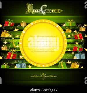 Golden Circle telaio sul verde di Natale sfondo con stelle dorate e attuali box Illustrazione Vettoriale