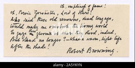 Manoscritto di un versetto da Robert Browning (1812-1889). "Oh, mela persica Zoroaster, signore di stelle! ..." Foto Stock