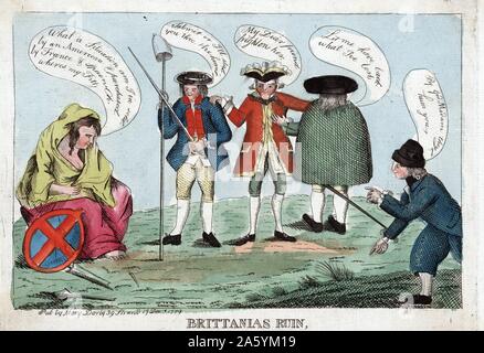 Britannias rovina 1779. Stampa mostra Britannia piange il suo stato attuale, il suo scudo e lancia spezzata dal suo lato, 'che cosa una situazione io sono in vendita da un americano & acquistati da Francia e Spagna. Oh, Wheres il mio Pitt.' quattro uomini sono in piedi davanti a lei, da sinistra, un americano tiene nella mano destra una lancia e rabboccato con liberty cap e nella sua sinistra una spada con la quale egli rischia la sua, accanto un francese lo spinge a "spaventare suo." uno spagnolo è in piedi accanto al francese con il suo ritorno a Britannia, indossa un cappello basso e un mantello, e più a destra è un olandese. Pub da Maria Darly. Dec.17, 1779 Foto Stock