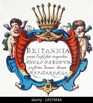 Il Heptarchy è un nome collettivo applicata ai Regni anglosassoni del sud, est e Inghilterra centrale durante la tarda antichità e primo medioevo, convenzionalmente identificate come sette: Northumbria, Mercia, East Anglia, Essex, Kent, Sussex e Wessex. Il Regni anglosassoni eventualmente unified nel regno di Inghilterra. Dettaglio di un antico mappa della Gran Bretagna, dal cartografo olandese Willem Blaeu in Atlas Novus (Amsterdam 1635) Foto Stock