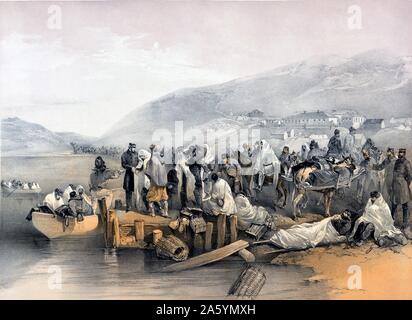 Imbarco dei malati a Balaklava pubblicato 1855. Una illustrazione che illustra alcune delle vittime che si è verificato durante la Guerra di Crimea, una guerra in cui il Regno di Sardegna e il francese, inglese, russo e l'Impero Ottomano combattuto per influenza sui territori della zona. Foto Stock