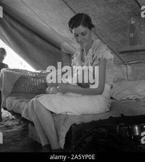 I giovani lavoratori migranti madre con sei settimane di età bambino nato in un ospedale con ausilio di Farm Security Administration (FSA) medico e di associazione per i lavoratori migratori. Ella vive in un lavoro appaltatori camp vicino Westley, California. "Cerco di tenere lui eatin' e sleepin' regolari come gli ho fatto al di fuori dell'ospedale." da Dorothea Lange 1895-1965, datata 19380101 Foto Stock