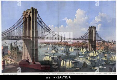 Litografia a colori del grande oriente fiume ponte di sospensione. Il ponte collega la città di New York e Brooklyn. Pubblicato da Currier & Ives. Datata 1874 Foto Stock