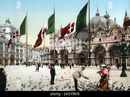 Alimentazione di piccioni in Piazza San Marco a Venezia, Italia 1900 Foto Stock