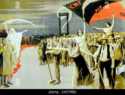 Anarchico spagnolo o poster illustrazione 1933. L'anarchismo in Spagna storicamente ha guadagnato più di sostegno e di influenza che altrove, specialmente prima di Franco la vittoria nella guerra civile spagnola del 1936-39. Il movimento della velocità acquisita con la salita del anarco-sindacalismo e la creazione della Confederación Nacional del Trabajo (CNT). Gli scioperi generali divenne comune e grandi porzioni spagnola della classe operaia ha adottato le idee anarchiche. Foto Stock