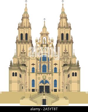 Cattedrale di Santiago di Compostela, Spagna. Isolato su sfondo bianco illustrazione vettoriale. Illustrazione Vettoriale