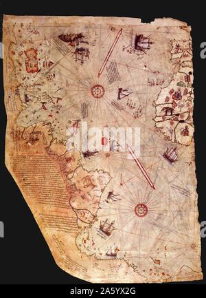 Frammento superstite del primo mondo Mappa di Piri Reis. Datata 1513 Foto Stock