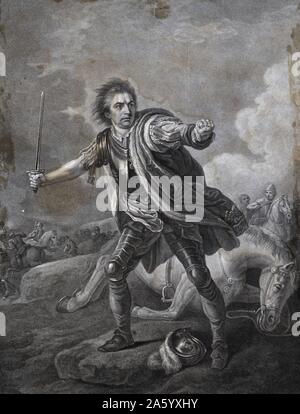 Rappresentazione dell'attore David Garrick (1717-1779), attore inglese, drammaturgo, teatro manager e produttore, nel ruolo di Richard il terzo durante la Battaglia di Bosworth Field. Datata 1811 Foto Stock