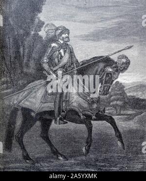 Carlo V noto anche come Carlo I (Carlos I) (1500 - 1558), Re di Spagna e Imperatore dell'Impero spagnolo dal 1516. Più tardi, come Carlo V fu sovrano del Sacro Romano Impero dal 1519 fino al 1556.Carlo V a cavallo in Mühlberg di Tiziano. 1548 Foto Stock