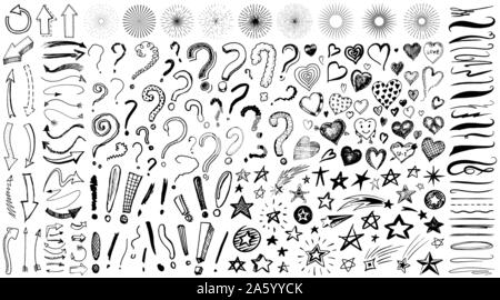 Domanda il punto esclamativo, sottolineare e cuori, Star e un marcatore di pennello, linee artistiche e ictus. Raccolta di icone e i segni perché. Disegnata a mano Illustrazione Vettoriale