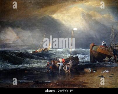 Pittura intitolato 'Coast in scena con i pescatori" da Joseph Mallord William Turner (1775-1851) inglese Romanticist pittore paesaggista. Datata del XIX secolo Foto Stock