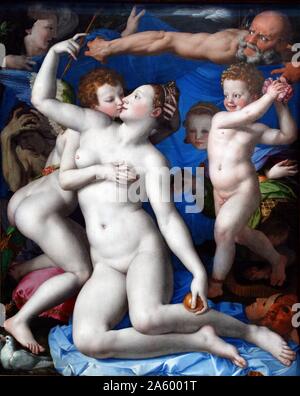 Pittura intitolato "Allegoria con Venere e Amore " da Agnolo di Cosimo (1503-1572) Italiano manierista da Firenze. Datata XVI Secolo Foto Stock