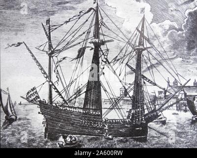 Illustrazione della Golden Hind, un galeone inglese più noto per la sua circumnavigazione del globo tra 1577 e 1580, capitanata da Sir Francis Drake. Datata XVI Secolo Foto Stock