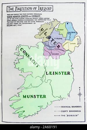 Mappa di partizione d'Irlanda; la divisione dell'isola dell'Irlanda in due distinti territori; l'Irlanda del Nord e Sud Irlanda nel 1921 Foto Stock