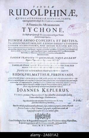 Pagina del titolo di "Tabulae Rudolphinae : quibus astronomicae' da Johannes Kepler; 1571-1630. Le tabelle Rudolphine (Tabulae Rudolphinae) consistono di un catalogo stellare e tabelle planetario pubblicato da Johannes Kepler nel 1627; utilizzando alcuni dati osservativi raccolti da Tycho Brahe (1546-1601). Le tabelle sono denominati " Rudolphine' in memoria di Rodolfo II, Imperatore del Sacro Romano Impero. Foto Stock