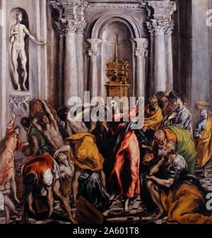 Pittura intitolata 'purificazione del tempio". Da El Greco (1541-1614) un pittore, scultore e architetto del Rinascimento spagnolo. Risalenti al XVII secolo Foto Stock