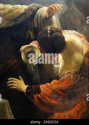 Deatil da Belshatsar Festa del 1635; la pittura di Rembrandt van Rijn 1606 - 1609. La storia di Belshatsar e la scritta sul muro proviene dal Vecchio Testamento Libro di Daniele. Il re babilonese Nabucodonosor avevano saccheggiato il tempio in Gerusalemme e ha rubato il sacro coppe d'oro. Suo figlio Belshatsar utilizzato queste tazze per una grande festa in cui la mano di Dio apparve e scrisse la scritta sulla parete prophesizing la rovina di Belshatsar del regno. Foto Stock