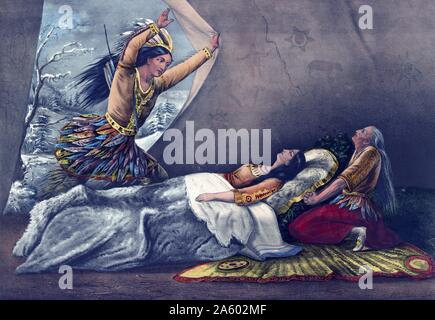 La morte di Minnehaha illustrazione di Currier & Ives. 1867.Minnehaha è un immaginario Native American donna documentati in Henry Wadsworth Longfellow 1855 del poema epico la canzone di Hiawatha Foto Stock