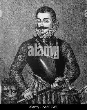 Don Giovanni (Juan) dell'Austria - 1547-1578mostrato tenendo un imbarco ax a ricordo della battaglia di Lepanto. Figlio illegittimo dell'Imperatore Carlo V e fratellastro di Filippo II di Spagna. Victor di Lepanto (1571), Governatore dei Paesi Bassi Spagnoli (1576) Foto Stock