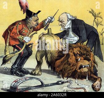 Un racconto di una coda da Giuseppe Ferdinando Keppler (1838-1894). Stampa, Chromolithograph del Visconte Wolseley tenta di incollare il lembo terminale etichettato 'Prestige su un pianto British Lion con l aiuto del Primo Ministro britannico William Gladstone e chi è in possesso di un recipiente colla etichettato 'Berber Expedition';un grande e sanguinosa animale trappola etichettato 'trappola di Khartoum' e 'El Mahdi brevetto" è in primo piano. Foto Stock