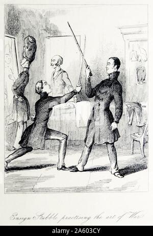 Illustrazione raffigurante Ensign stoppia praticare l'arte della guerra con il Capitano Dobbin dal romanzo satirico Vanity Fair di William Makepeace Thackeray. William Makepeace Thackeray (1811-1863) un romanziere inglese del XIX secolo Foto Stock