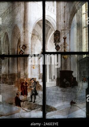 Il pannello di vetro dipinto da Thomas Jervais raffigurante una chiesa olandese interno. Datata xviii secolo Foto Stock