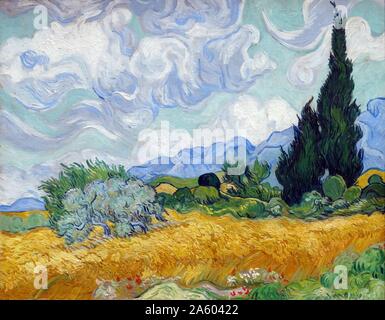 Pittura intitolata 'Un Wheatfield, con cipressi di Vincent Willem van Gogh (1853-1890) un olandese post-pittore impressionista. Datata del XIX secolo Foto Stock