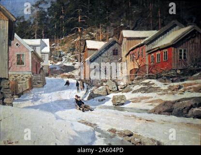 Strada di Kragero, 1882 da FritsThaulow (1847-1906). Olio su tela. Foto Stock