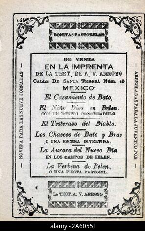 Titolo pagina di La Rosa encantada, 2a parte (la rosa incantata, parte 2) da Antonio Vanegas Arroyo, publisher. Posada José Guadalupe, 1852-1913, coperchio Chapbook mostra una scena di un gioco: un giovane abbraccia al centro come due donne e un uomo a guardare. Tutti indossare il costume del Rinascimento. Lo script comporta l'amore puro tra una bestia e una donna. Dopo aver dichiarato il loro amore gli uni per gli altri, la bestia è trasformato in un principe e sposa la donna. Pubblicato in Messico tra il 1890 e il 1913. Foto Stock