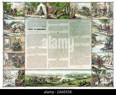 I minatori pioneer dieci comandamenti del 1849. 14 scene della vita di Pioneer minatori d'oro; compresi campi della vita; gli attacchi da parte di indiani e orsi; industria mineraria; attraversando la pianura; ecc.; con il testo di 'miners pionieri dieci comandamenti Foto Stock