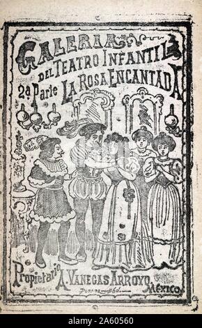 Titolo pagina di La Rosa encantada, 2a parte (la rosa incantata, parte 2) da Antonio Vanegas Arroyo, publisher. Posada JosÃ© Guadalupe, 1852-1913, coperchio Chapbook mostra una scena di un gioco: un giovane abbraccia al centro come due donne e un uomo a guardare. Tutti indossare il costume del Rinascimento. Lo script comporta l'amore puro tra una bestia e una donna. Dopo aver dichiarato il loro amore gli uni per gli altri, la bestia è trasformato in un principe e sposa la donna. Pubblicato in Messico tra il 1890 e il 1913. Foto Stock