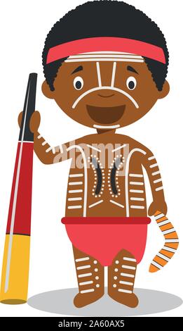Carattere da Australia (presto) vestita in modo tradizionale con il didgeridoo illustrazione vettoriale. I bambini del mondo collezione. Illustrazione Vettoriale